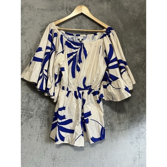 Willow Pants - Willow & Root Blue White Palm Print Off Shoulder Romper Bell Sleeve L 120WD41224
